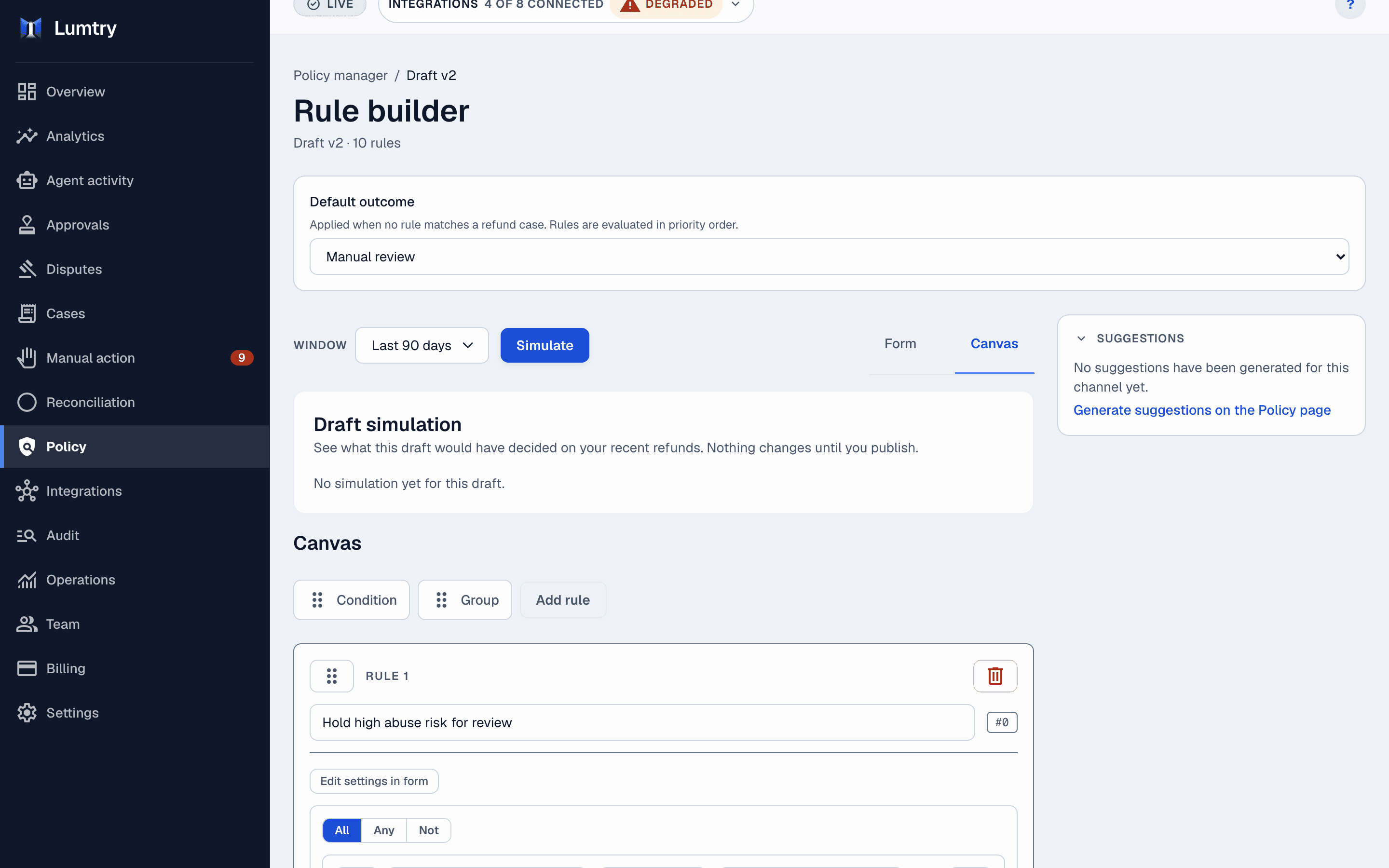 Lumtry rule builder: a draft policy version with ten rules, the default outcome and the first rule on the canvas